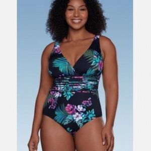 Aqua Green Women's One Piece Swimsuit Swimwear Black Floral Size 24
